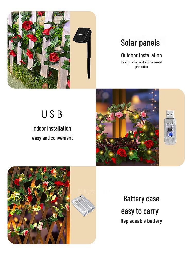 Solar Rose String Lights: Outdoor & Indoor Decorative Flower Vine for Patios, Balconies, Railings, and Ambiance