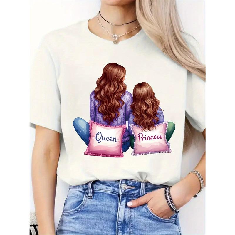 

European Size Women S Cute Anime Queen & Princess Pillow Print T-Shirt - White Round Neck Short Sleeve Top for Family Matching Outfitsr, 4XL білий