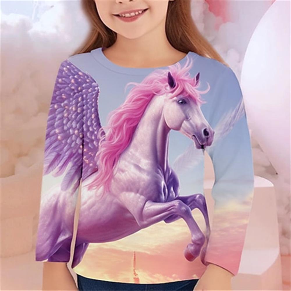 

Одежда для девочек Футболки с рисунком лошади Детский топ с длинным рукавом 2024 года Летняя детская футболка для девочек Детская одежда Футболки для девочек 160cm
