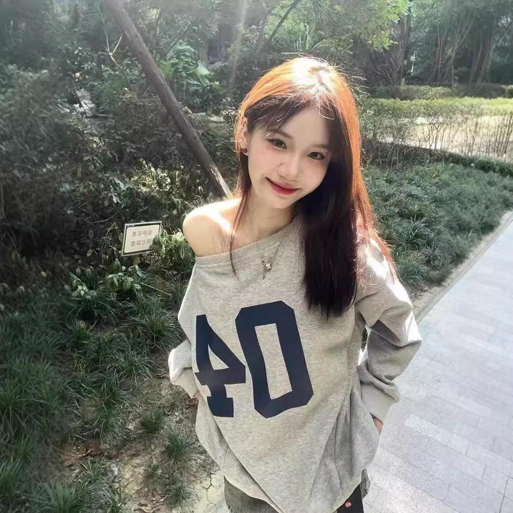 Spice girl slanted shoulder digital design sense long-sleeved sweater women's spring and autumn new pure desire loose off-shoulder top