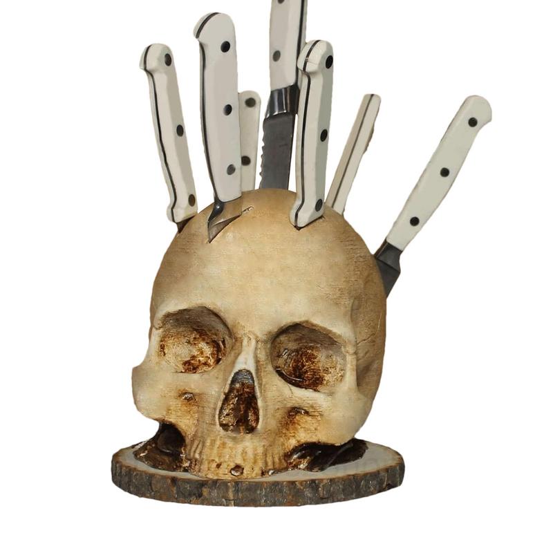 Skull Knife Holder Halloween Horror Kitchen Storage Head Rack Skeleton Knife and Fork Stand Desktop Ornaments Home Decoration