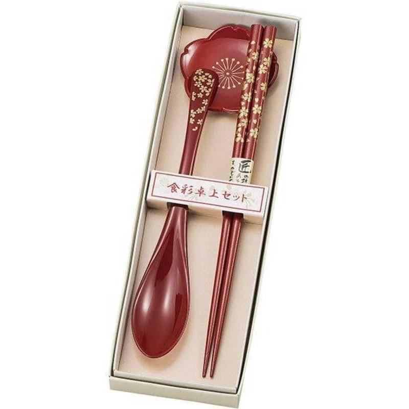 Maeju Lacquerware Shokusai Chopstick Rest Set Sakura Red - Chopsticks, Spoon, Chopstick Rest, Cutlery Set, Wood, Acrylic Resin, ABS Resin, Made in