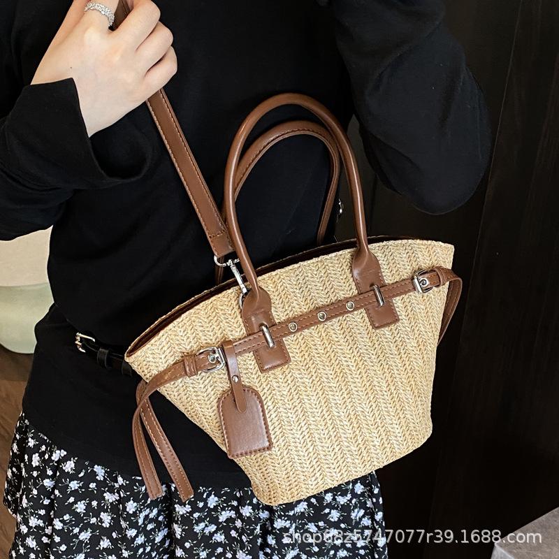 Seaside Vacation Wind Summer Straw Woven Portable Bucket Bag Women's 2025 New Belt Buckle Woven Temperament Messenger Bag