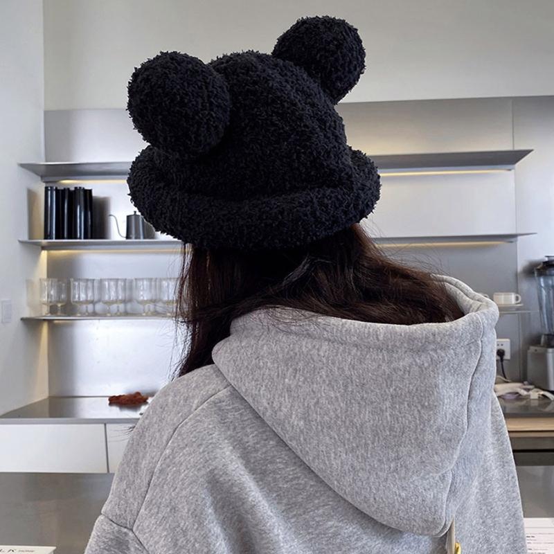 Adult Cartoon Bear Ear Shape Polyester Bucket Hat Fluffy Winter Warmer Plush Fisherman Cap Winter Gifts for Girlfriend
