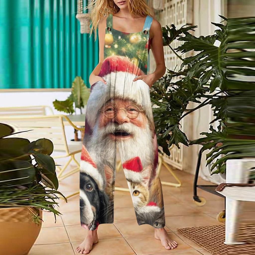 Women's Casual Christmas Printed Jumpsuit Sleeveless Printed Cotton Jumpsuit