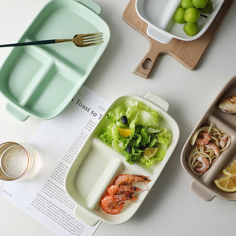 Nordic Ceramic Binaural Rectangular Grid Plate Rice Plate Creative Home Breakfast Plate Baked Rice Plate Fat Reduction Quantitative Meal