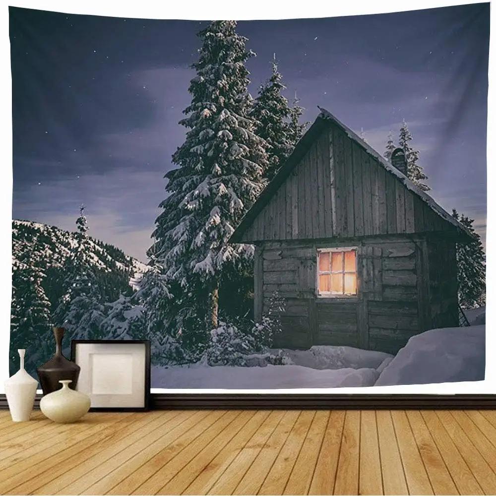 Snow House Tapestry Winter Landscape Tapestry Snowy Tree Woodland Tapestries Wall Hanging for Bedroom Living Room Dorm Office