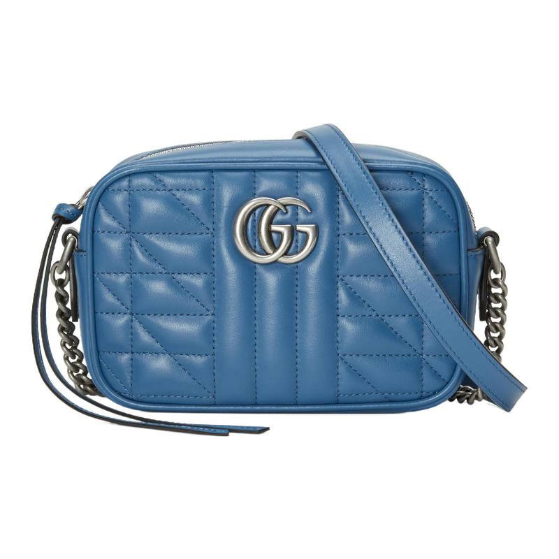 Gucci GG Marmont distressed Marmont silver logo vertical stripe twill quilted chain leather camera bag crossbody bag shoulder bag mini women's blue