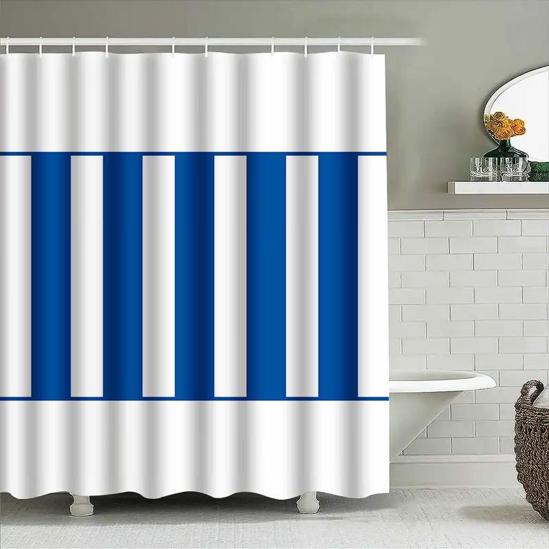 Stylish Bath Curtains With Blue And White Stripes For Bathroom Decor Washable Fabric Shower Curtain Set (White/Blue)