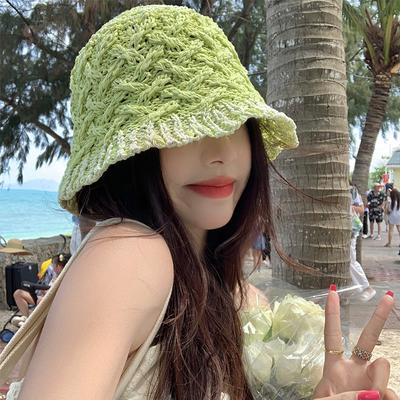 Hollow Woven Bucket Hat Spring and Summer Breathable Sunshade Sunscreen Basin Caps Japanese Fresh Green Women's Hats