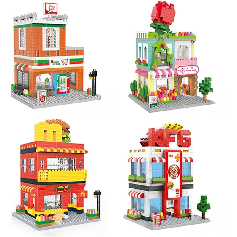 Mini Blocks Cute Street Creative Store Small Shop Coffee Food Flower Fun Building Bricks Girl Gifts Toys For New Year Present