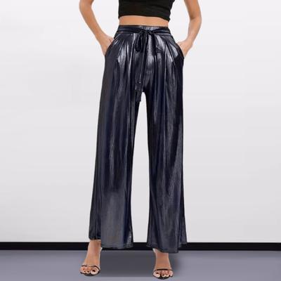 Pantaloni lunghi da donna elastici a vita alta con lacci, pantaloni casual dritti a gamba larga con tasche, pantaloni con superficie lucida