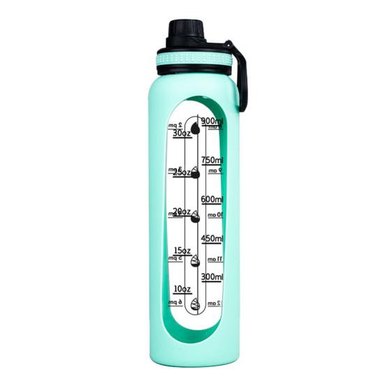 

Стеклянная бутылка для воды с силиконовым чехлом и маркером времени 1000 мл, герметичная боросиликатная чашка для воды для спорта, фитнеса, офиса, горячих и холодных напитков без BPA зелёный