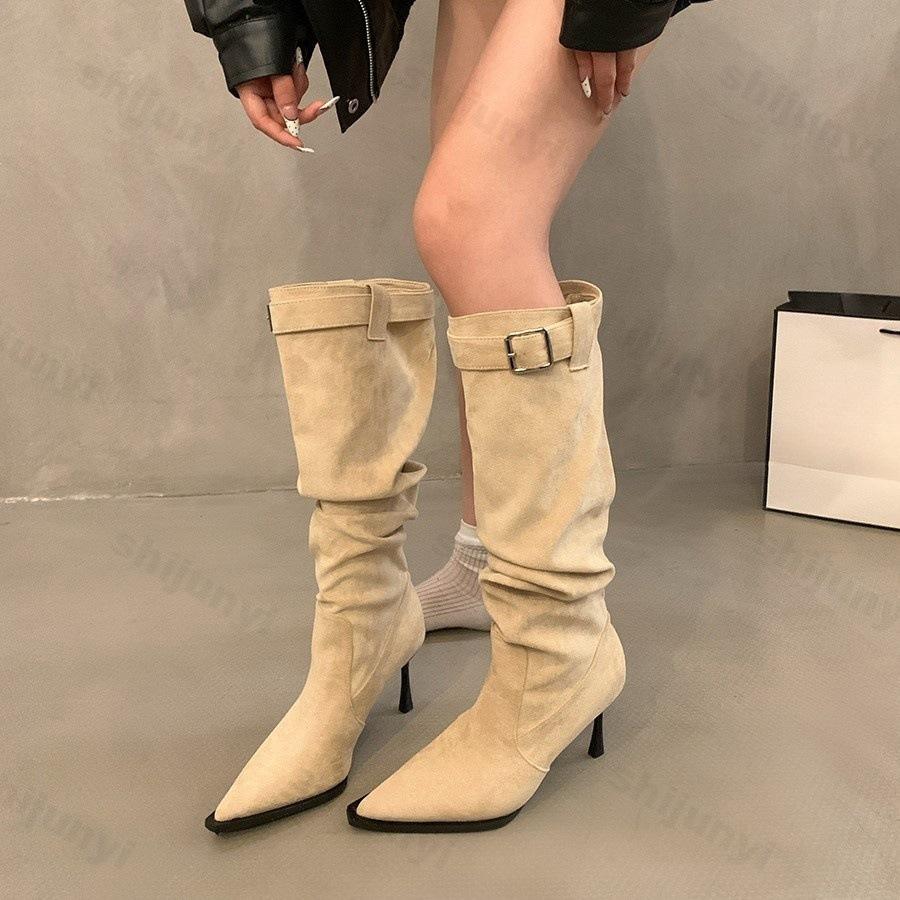 Pleated Faux Suede Knee-High Boots Women Fashion Buckle Pointed Slip-On Western Cowboy Boots Woman Thin Heels Long Botas Mujer