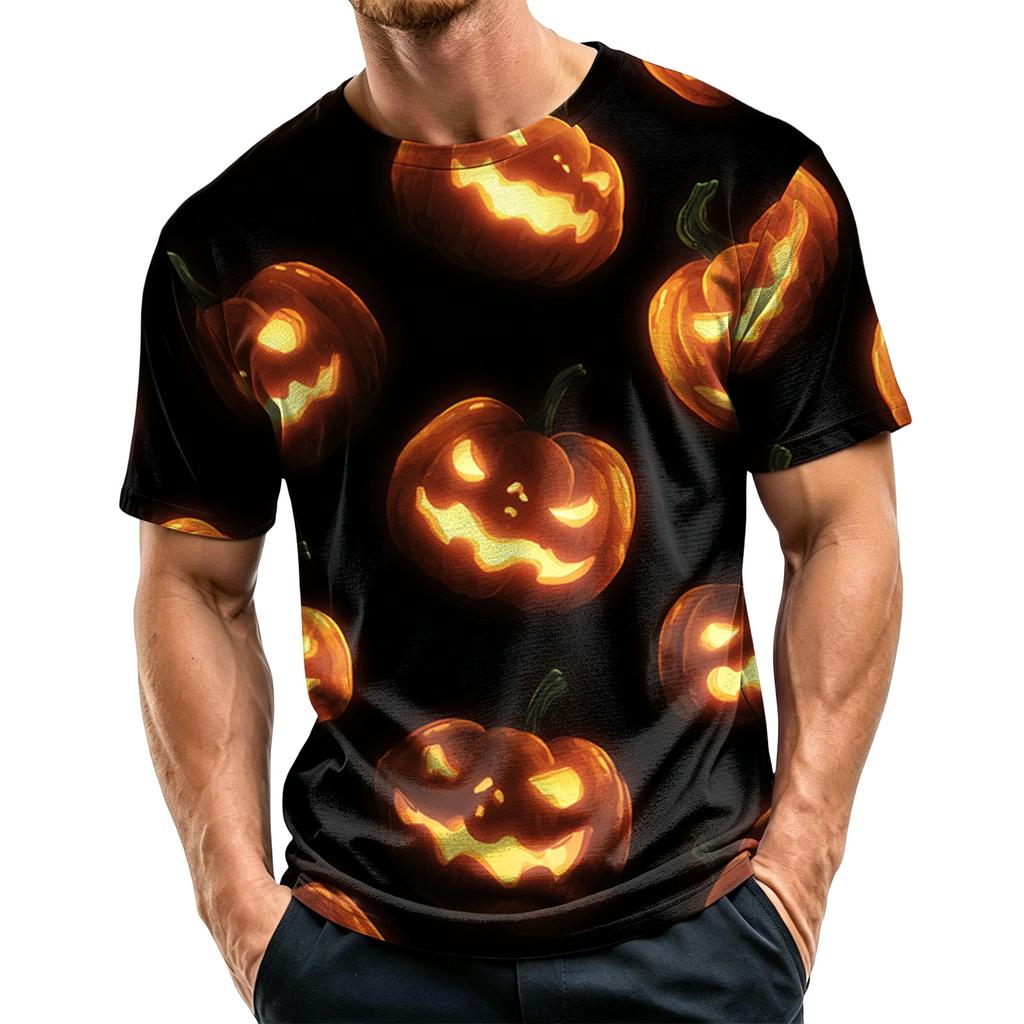 Men's Casual Short Sleeve Lightweight Breathable Crew Neck T-Shirt Halloween Pumpkin Print Pattern Comfortable Fit