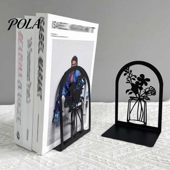 L-shaped Bookend 1 Pair Flower Metal Bookends, Decorative Vase Book Ends for Non-slip Shelves, Black Holder Stopper Home Office Reading Room