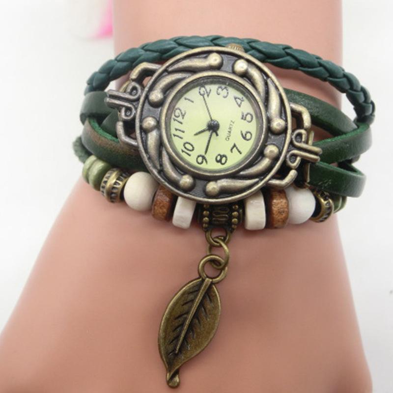 Vintage Blattuhr, Handgeflochtene Bronze Vielseitige Vintage Leder Damen Armbanduhr 795