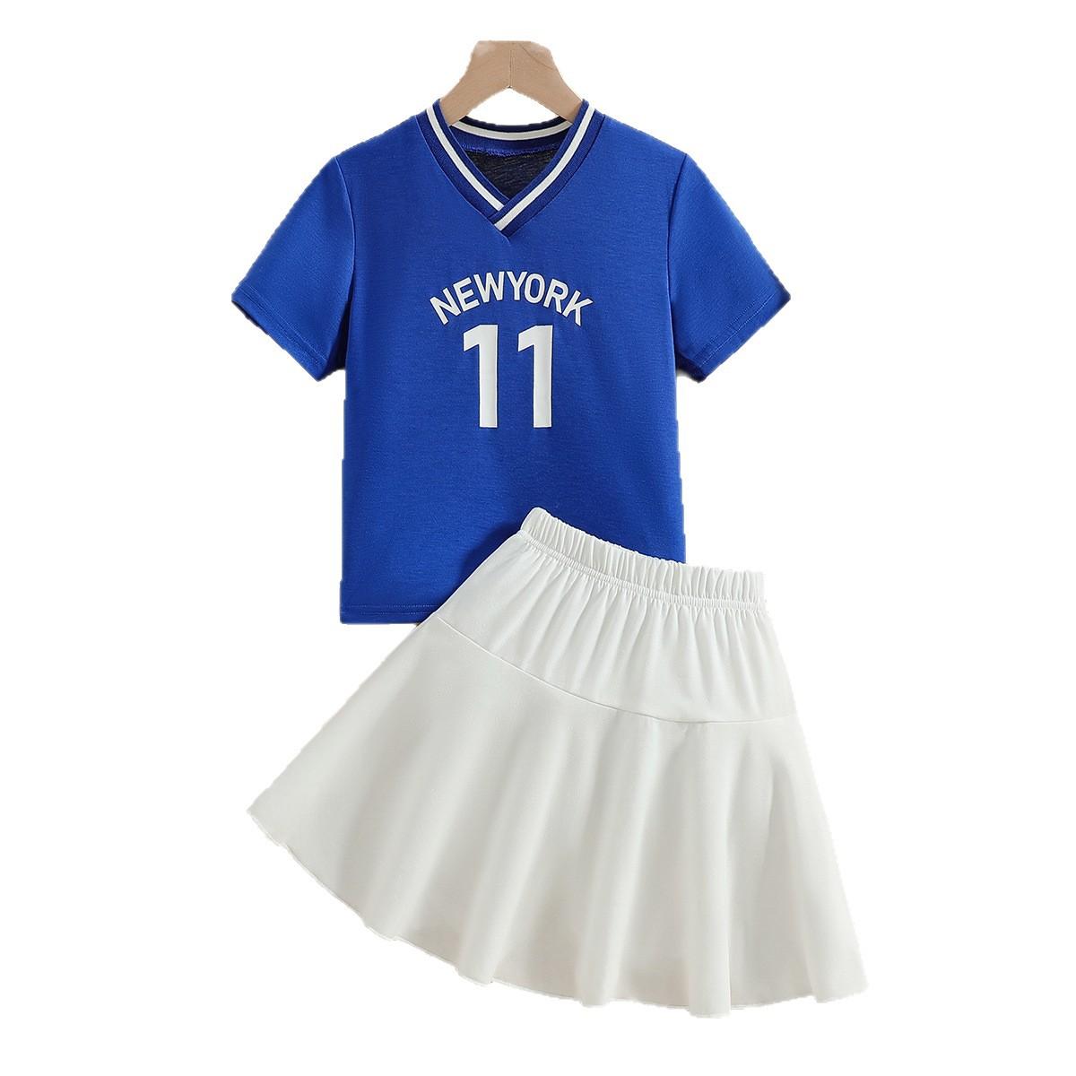 

Girls Fashionable Sportswear Two-piece Summer Children s Simple T-shirt And White Mid-length Skirt Set 9-10Y
