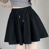 Women Summer Shorts Elastic High Waist Adjustable Drawstring Casual Shorts with Pockets Solid Color Wide Leg Shorts