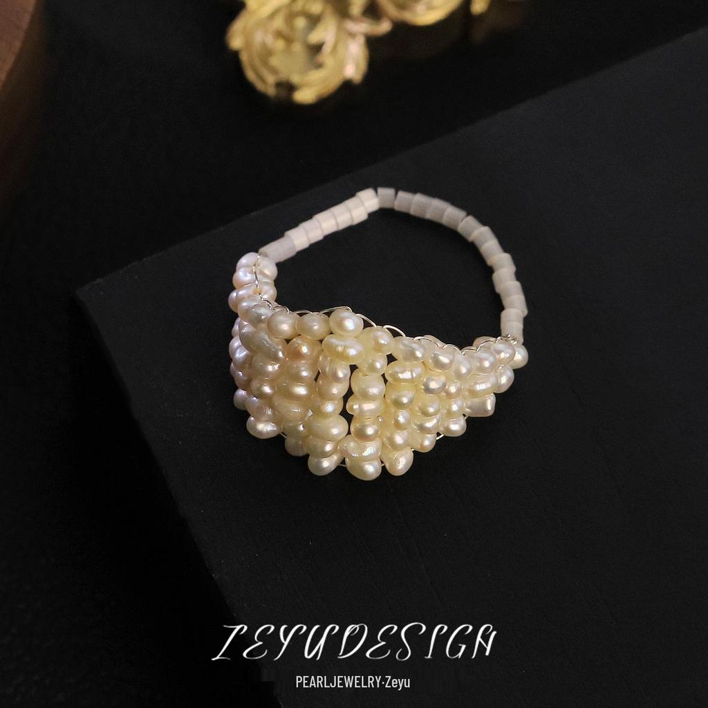 Original Design Natural Pearl and Crystal Adjustable Woven Ring for Women - High-End Feel Index or Tail Finger Ring