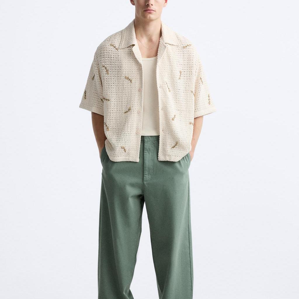 Zara Volná korálková háčkovaná košile s krátkým rukávem Pánské košile Off-White 0881304-712