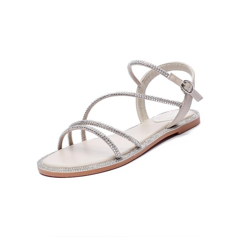 Internet Celebrities with the Same Rhinestone Sandals Women's 2025 Summer New Flat-bottomed French Set Toe Strap Large Size Women's Shoes 41-43