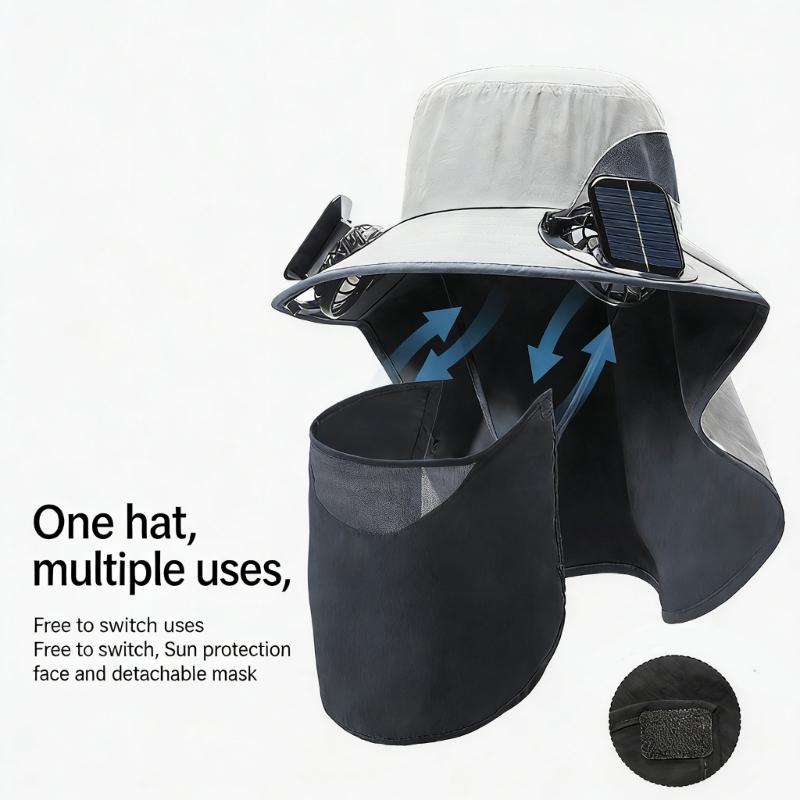 Solar Powered Cooling Hat With Solar Fan Adjustable Fan Breathable Neck Flap For Outdoor Fishing Camping Hiking
