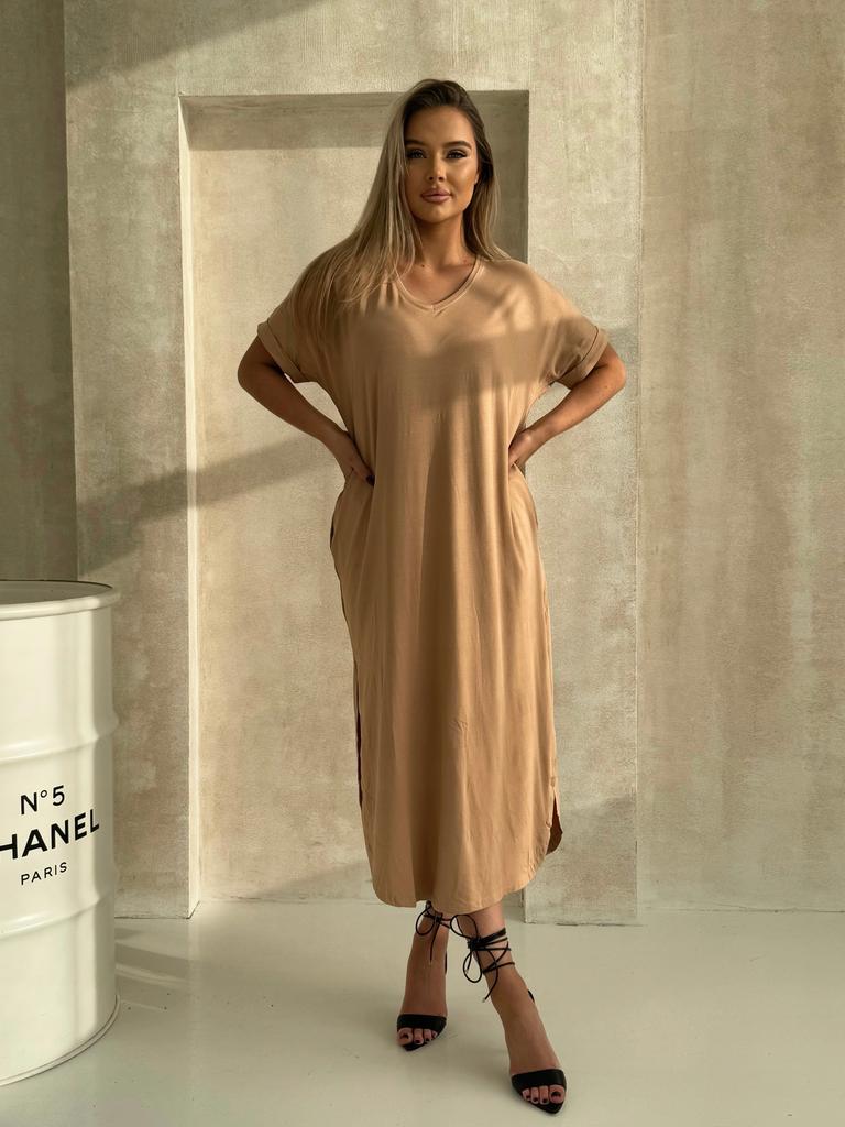 Sukienka damska letnia midi oversize dzianinowa bawełniana beżowy m