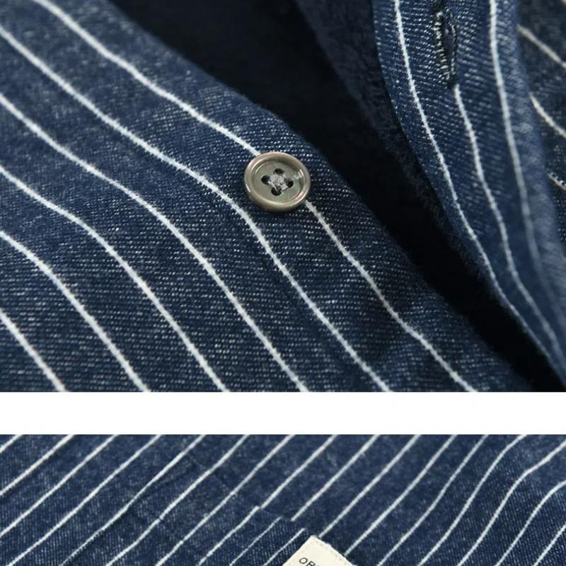 Winter Warm Men Shirt Daily Casual Men Tops Korean Style Striped Fleece Shirt Lapel Collar Brushed Button Up Shirt