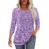 Women's Fashionable Casual Pleated Round Neck Casual Floral Print Seven Quarter Sleeved T-shirt Top