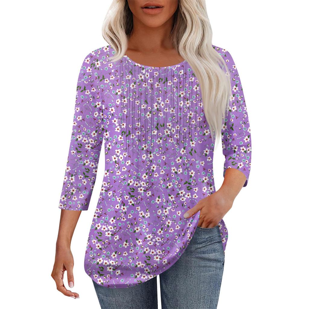 Women's Fashionable Casual Pleated Round Neck Casual Floral Print Seven Quarter Sleeved T-shirt Top