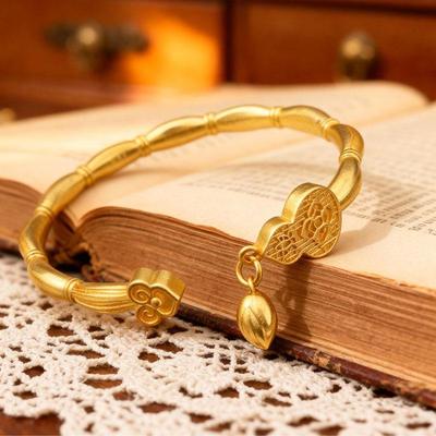 Vietnamese Ancient Sand Gold Lotus Root Bangle: Retro Open-Style Fu Lu Hand Jewelry