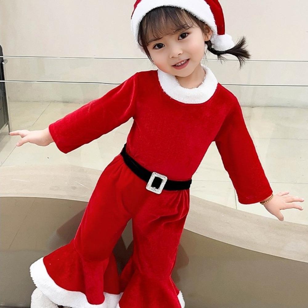 Red Santa Claus Children Christmas Clothes Cosplay with Top Pants Hat Performance Costume Set Elf Outfits Soft Plush