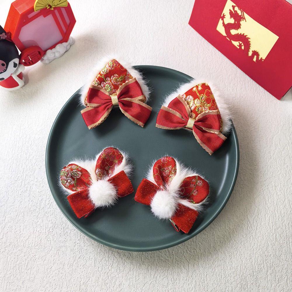 Tassel Children Red Bow Hairpin Cat Ears Hanfu Hair Sticks Chinese New Year Headwear  Children