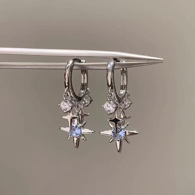 Koreanische Mode Blaue Kristall Achteckige Anhängerohrringe für Damen Einfache Metall Kreuz Hängeohrringe Charme Schmuck Geburtstagsgeschenke