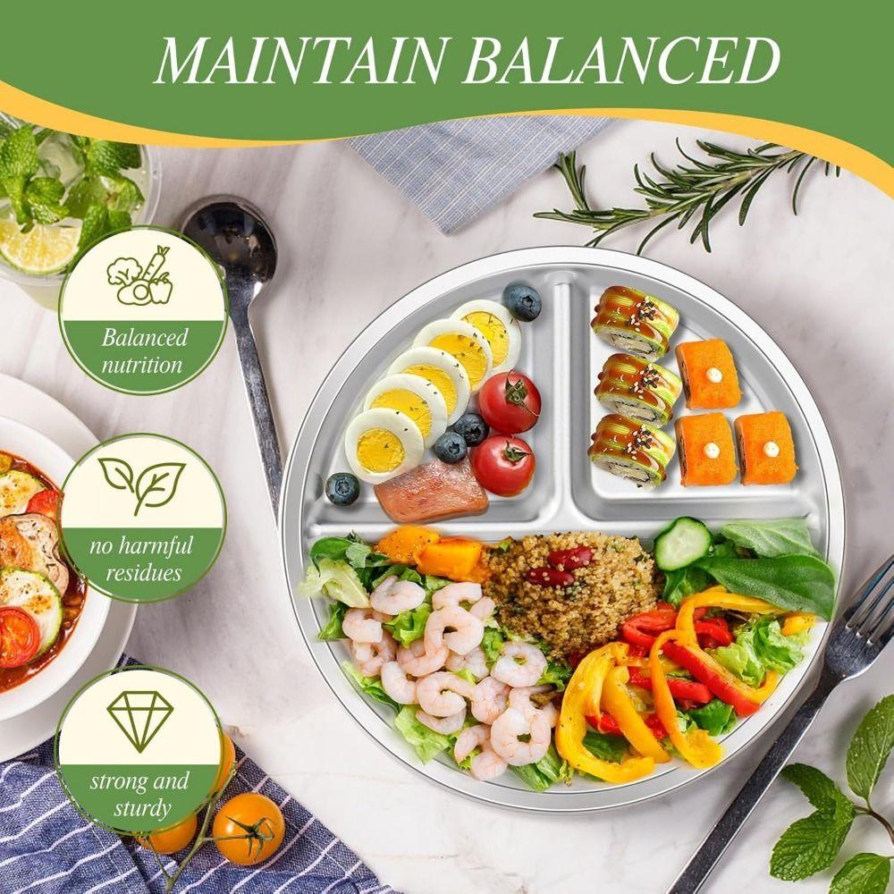 Unbreakable Portion Control Plate 304 Stainless Steel 3 Compartment Food Tray  Meal