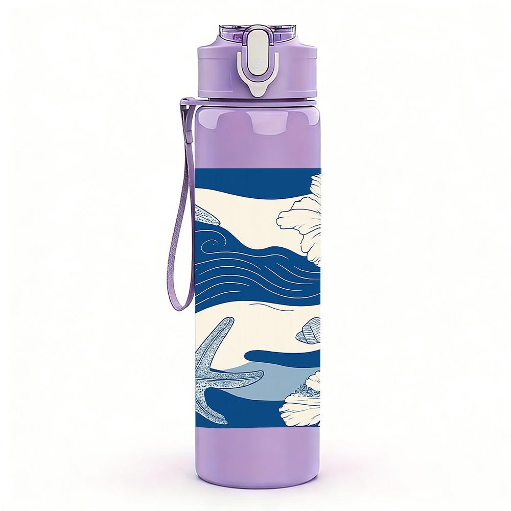 1PC Blue Wave Starfish Pattern 750ml Color Plastic Sports Water Bottle Leakproof Flip Straw Lid Suitable for Sports Office Home Use
