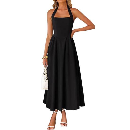 Women s Halter Midi Dress, Summer Sleeveless Backless A-Line Long Dress, Square Neck Vacation Beach Sundress L