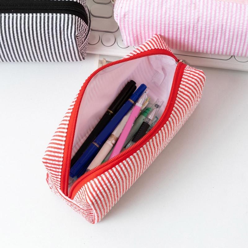 Multiunction Striped Pencil Case Water Resistant Polyester Pen Pouches Travel Cosmetics Bag For School Office Supplies