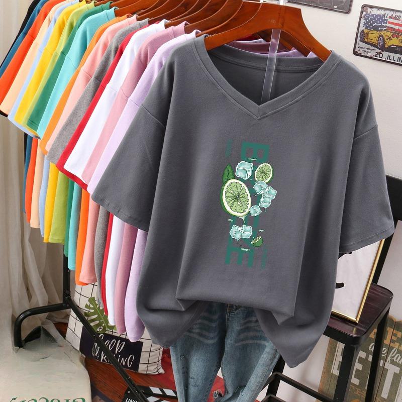 Kurzärmeliges T-Shirt, Locker sitzend, Schlankmachendes bedrucktes V-Ausschnitt-Top für Damen