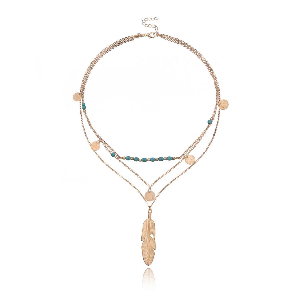Feather Turquoise Bead Sequined Multi-layer Necklace