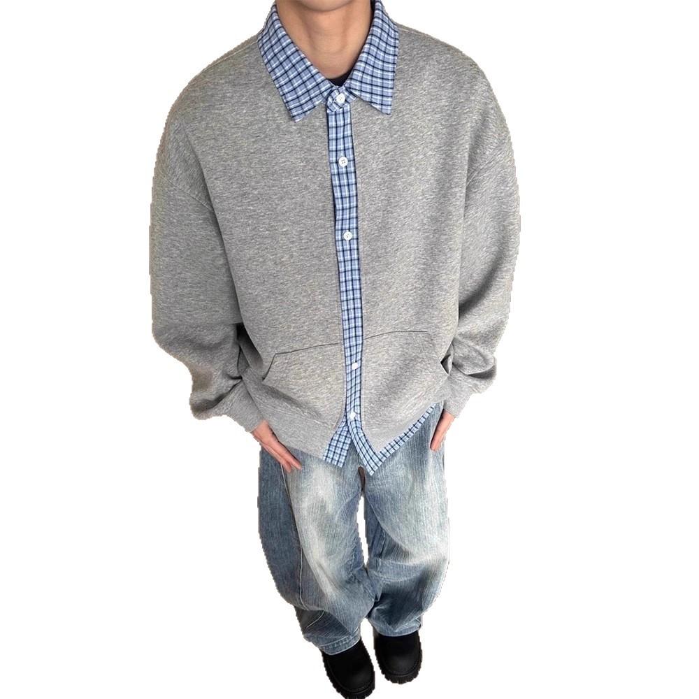 Sweater men's and women's same POLO collar sweater trendy 2025 new American fake two-piece plaid lapel