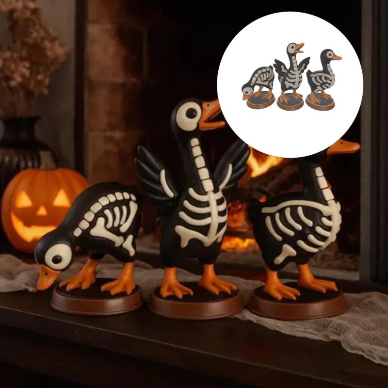 Bone Print Bird Figurines for Halloween, Set of 3 Freestanding Figures for Shelf Display, Side Table Arrangements and Entryway Styling