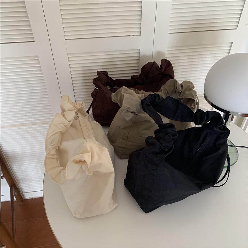 Women's Korean Version Single Shoulder Pleated Drawstring Canvas Bag, Small Fresh Artistic Solid Color Hand-held Diagonal Cross Casual Women's Bag