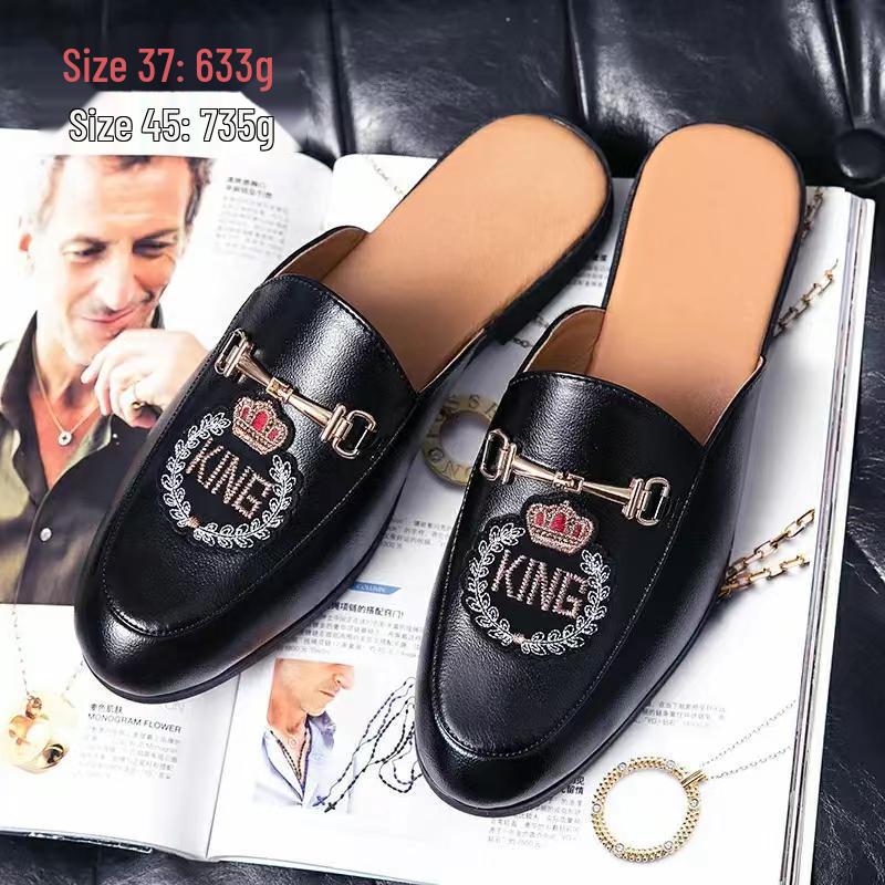 Spring/Summer Men's Patent Leather Mules - Trendy, Breathable, Casual with Fashion Embroidery.