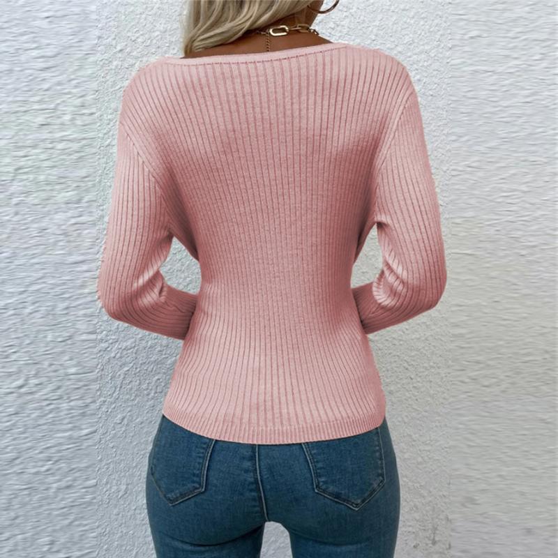 Women's Fashion Front Irregularly Crossed Long-sleeved  Knitted Pullover Sweaters Slim Ribbed Knitted Sweaters