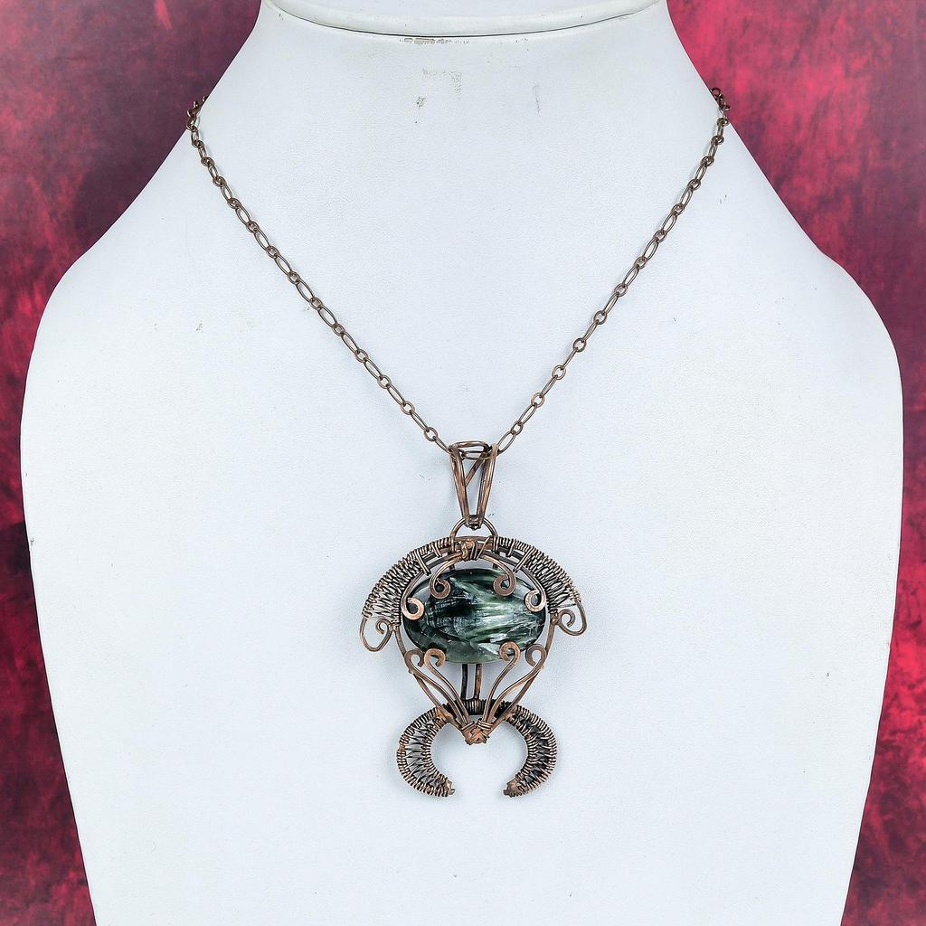 Seraphinite Pendant Copper Wire Wrapped Tortoise Jewelry Genuine Gemstone Pendant Handmade Jewelry Copper Wire Wrap Pendant Gifts for Mother