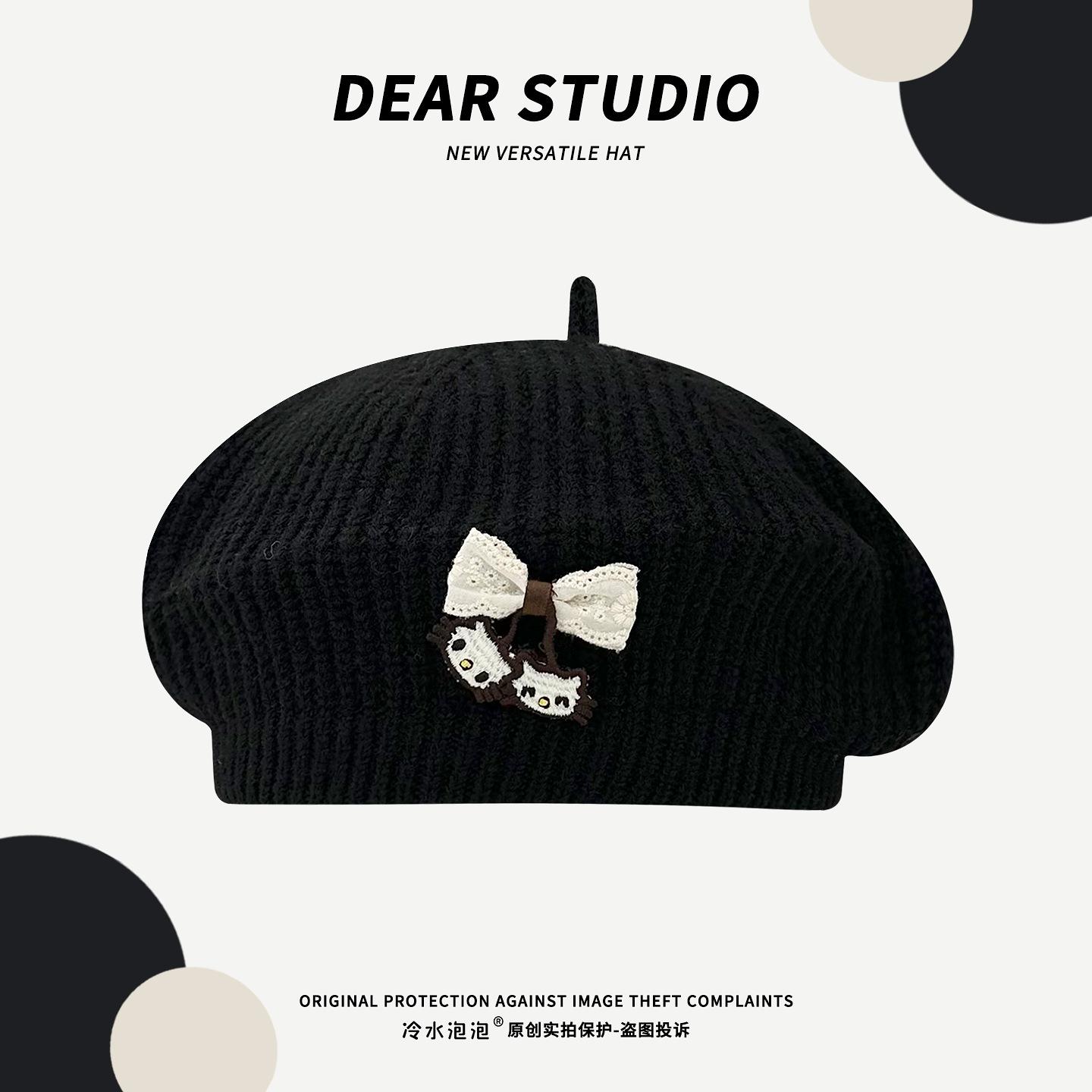 Japanese literature and art cute bow cat knitted beret children sweet versatile big head circumference painter hat One size fits all чёрный