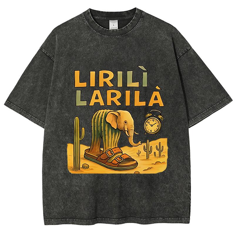 Lirili Larila Cactus Elephant Cartoon Pattern Printed Oversized Cotton HipHop Washed T-Shirt Men Women Neutral Loose Shortsleeve S разноцветный