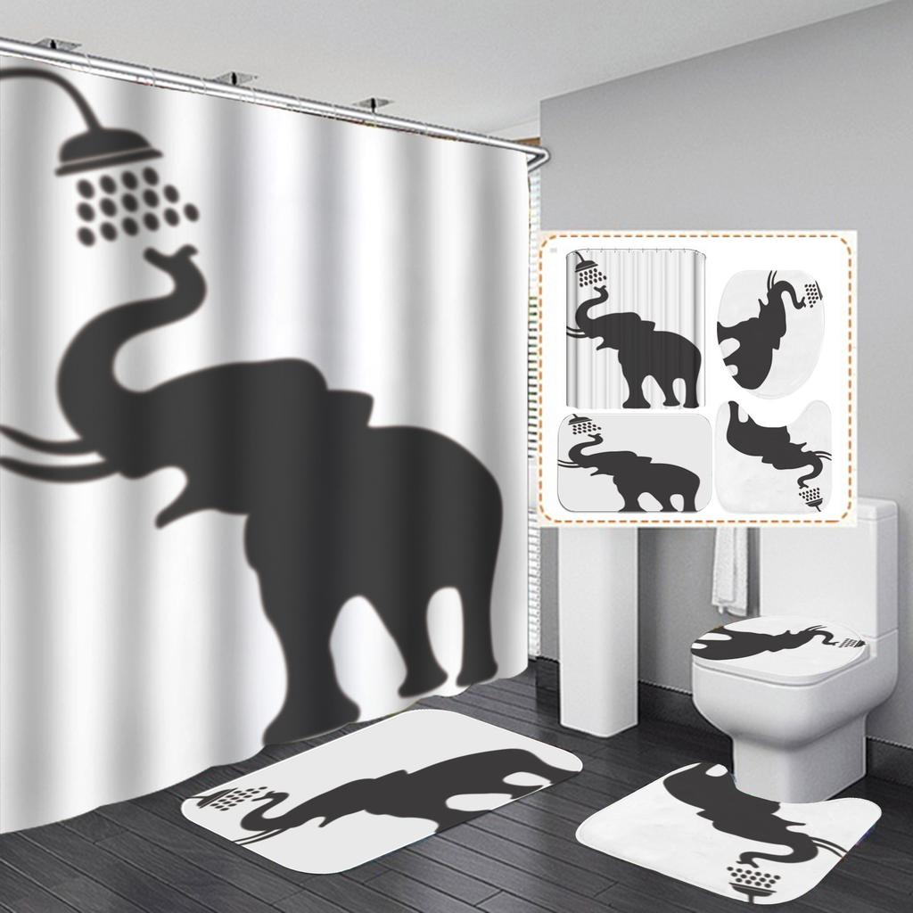 Polyester Elephant 3D Digital Printing Bathroom Personalized Partition Shower Curtain Four-Piece Set